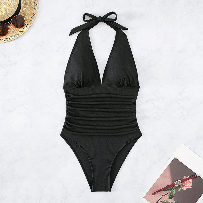 Damen Einteiler Badeanzug mit stilvollem V-Ausschnitt und schmeichelndem Rippdesign Drune