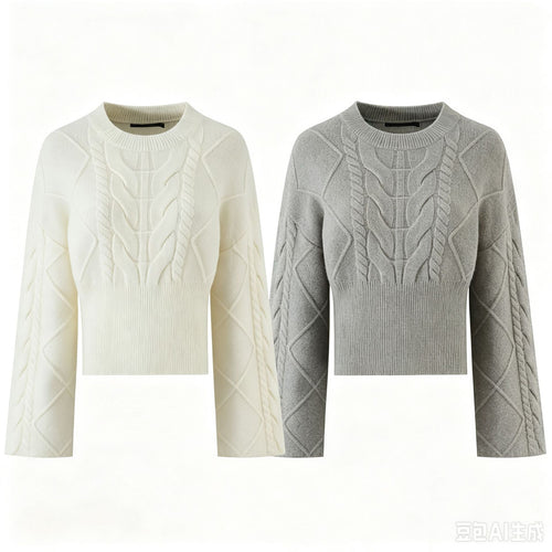 Damen Kurzgeschnittener Zopfstrick-Pullover mit weitem Ärmel und geripptem Saum Drune