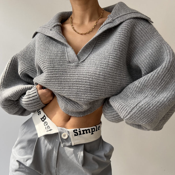 Damen kurzes geripptes Strickpullover mit weitem Matrosenkragen und Ballonärmeln Drune