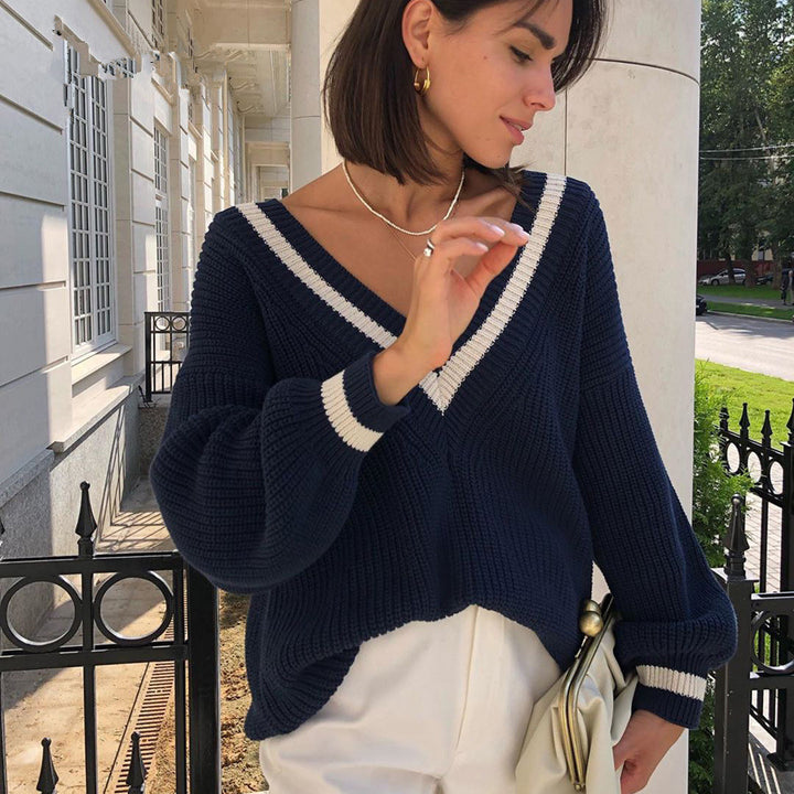 Damen V-Ausschnitt Pullover mit kontrastierenden Streifen Drune