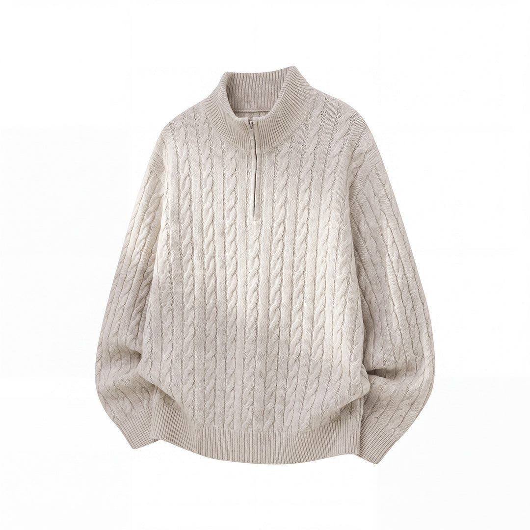 Unisex Lässiger Zopfmuster-Halbzip-Pullover mit hohem Rippkragen und Oversize-Schnitt Drune