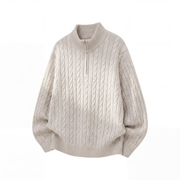 Unisex Lässiger Zopfmuster-Halbzip-Pullover mit hohem Rippkragen und Oversize-Schnitt Drune