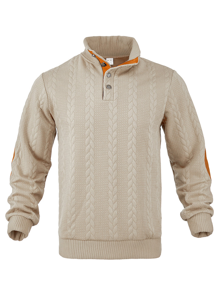 Herren nan Zopfmuster-Halbknopf-Pullover mit hohem Stehkragen und Wildleder-Ellbogenpatches Drune