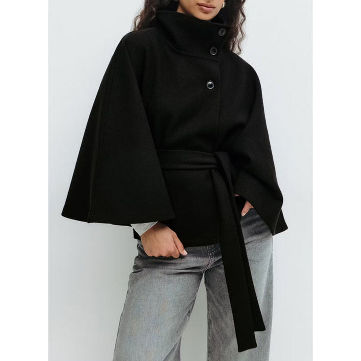 Damen Wollmantel im Cape‑Stil mit Stehkragen und Taillengürtel Drune
