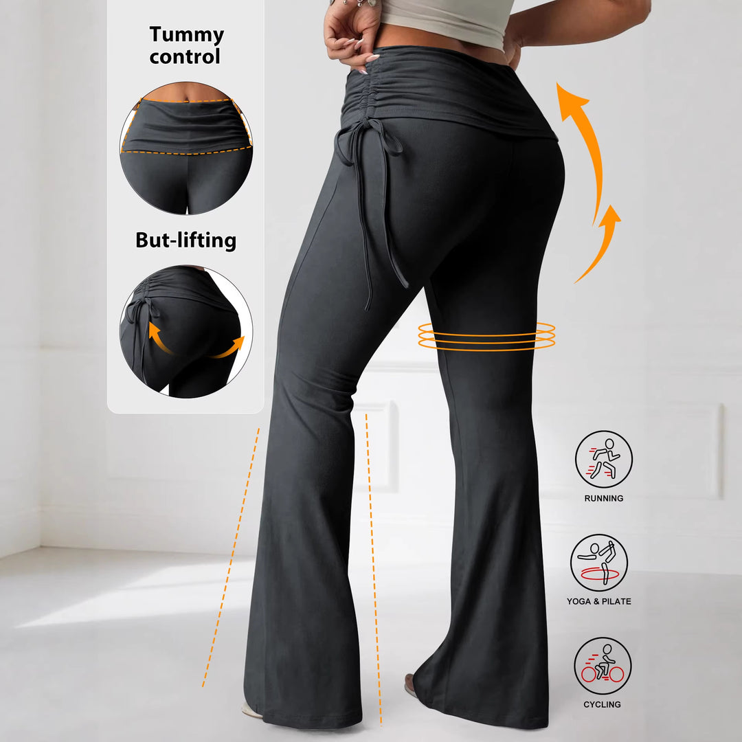 Damen High-Waist Flared-Yogahose mit seitlicher Raffnaht und Kordelzug Drune