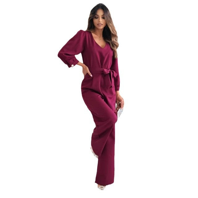 Damen Eleganter Jumpsuit mit taillierbarem Gürtel und V-Ausschnitt Drune
