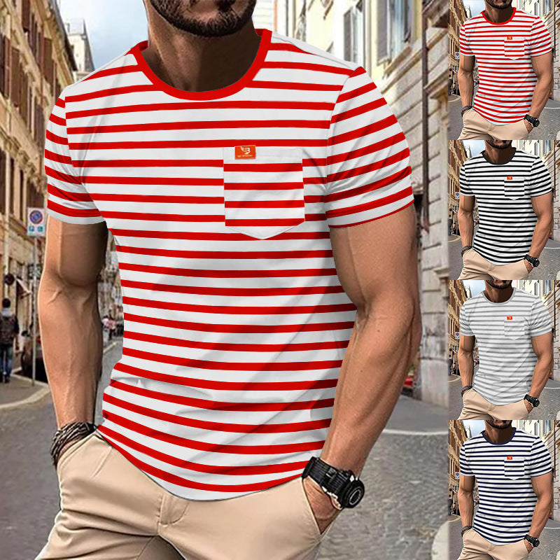 Herren nan maritim inspiriertes Streifen-T-Shirt mit Brusttasche und Slub-Jersey Drune