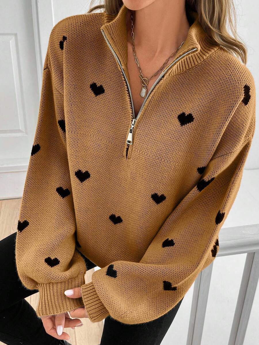 Damen Oversize Strickpullover mit Half-Zip und Herzmotiv Drune