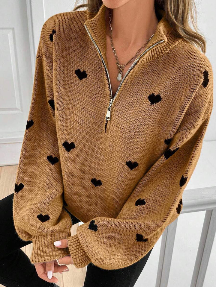 Damen Oversize Strickpullover mit Half-Zip und Herzmotiv Drune