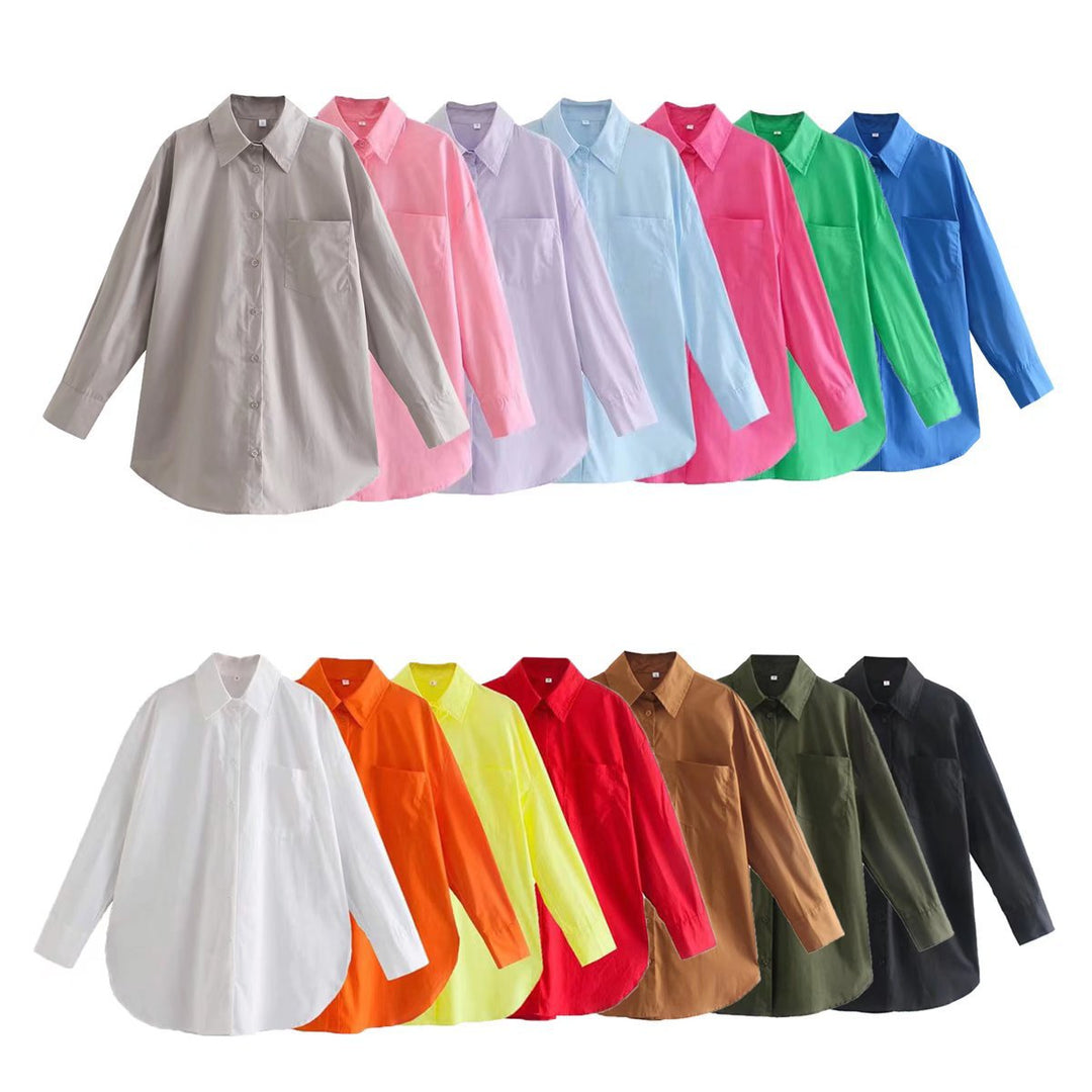 Damen nan oversized Hemdbluse mit Brusttasche, überschnittener Schulter und abgerundetem Saum Drune