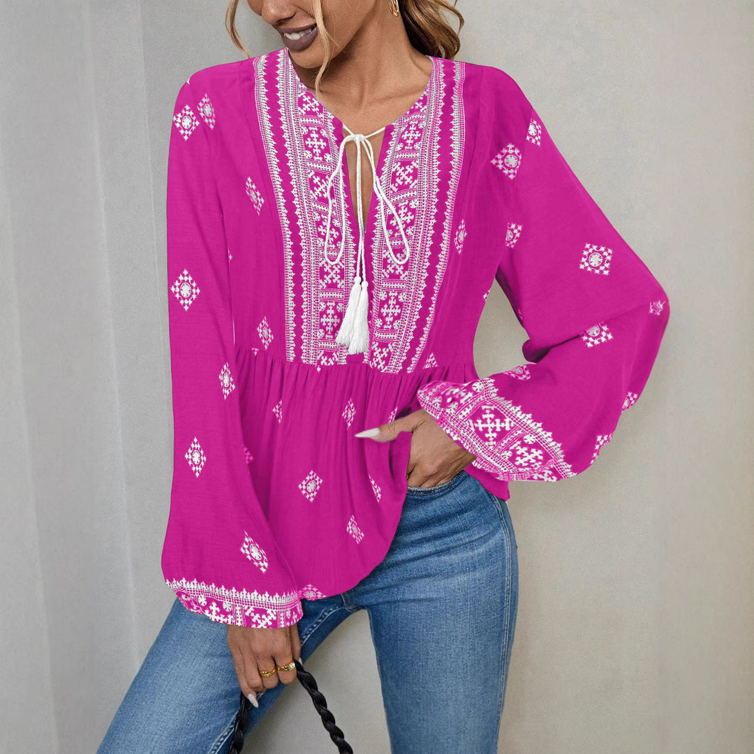 Damen Bestickte Boho-Tunika-Bluse mit Quastenbändern und stufigem Saum Drune