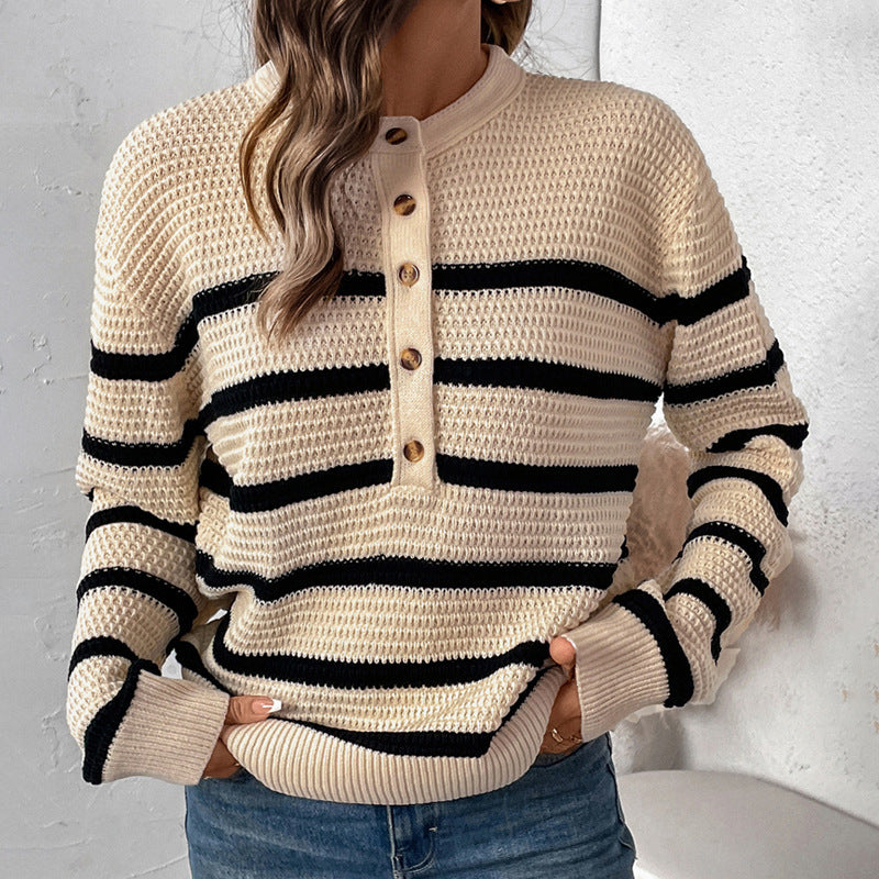 Damen gestreifter Pullover mit Knopfleiste aus strukturierter Wolle Drune