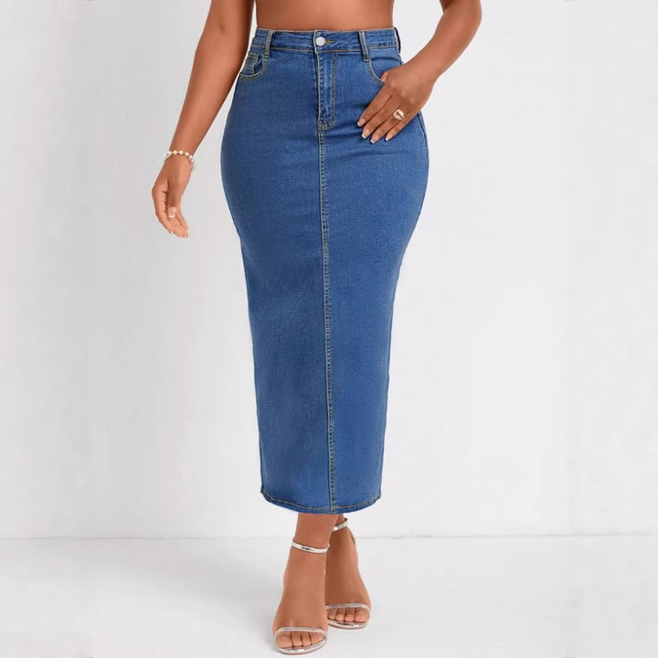 Damen Taillenhoher Stretch-Denim-Midirock mit sichtbarer Mittelnaht und Five-Pocket-Design Drune