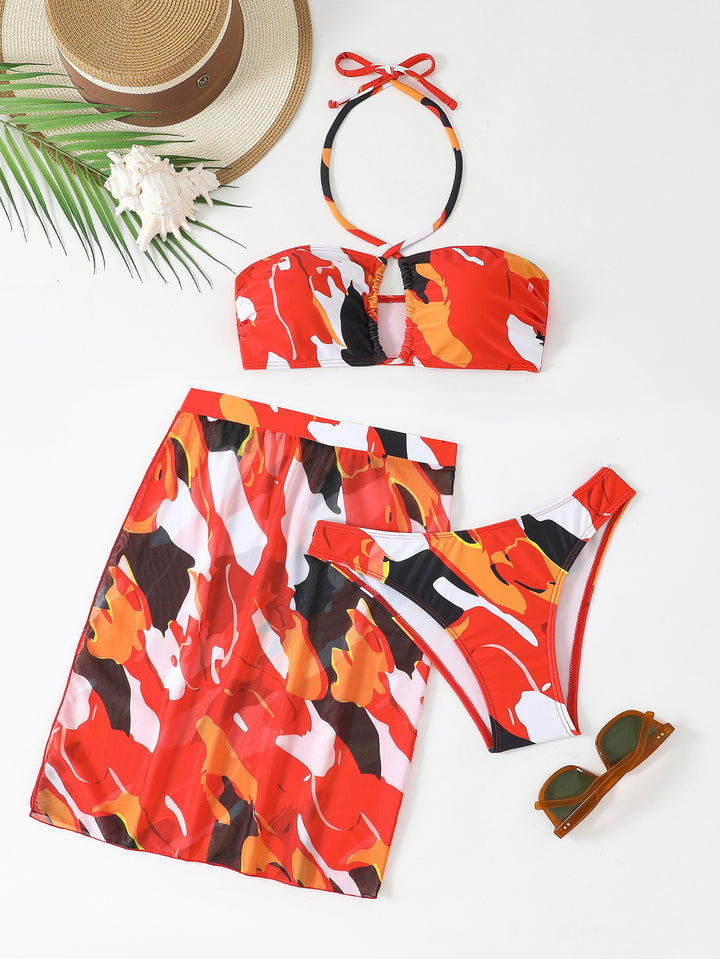 Damen Bunt bedrucktes Bikini-Set mit luftigem Überrock Drune