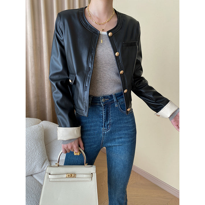 Damen modische Kunstlederjacke mit diagonalen Schnitten Drune