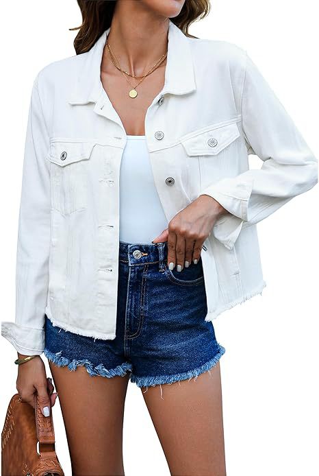 Damen Kurz geschnittene Denim-Jacke mit fransigem Saum und Brusttaschen Drune