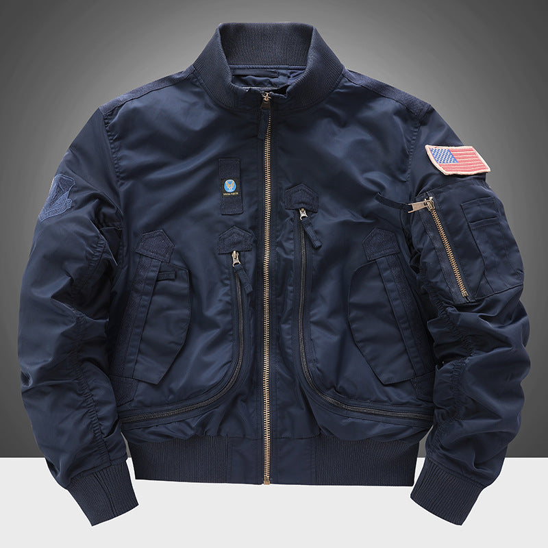 Men's  pilot-style cropped utility flight bomber with multi-zip pockets and ribbed collar Drune
