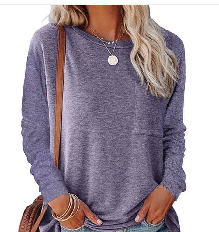 Damen lässiges Langarmshirt mit Taschen und Rundhalsausschnitt Drune