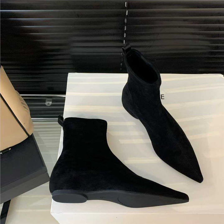 Damen spitz zulaufende Sock‑Stiefeletten aus Velourslederoptik mit engem Schaft Drune