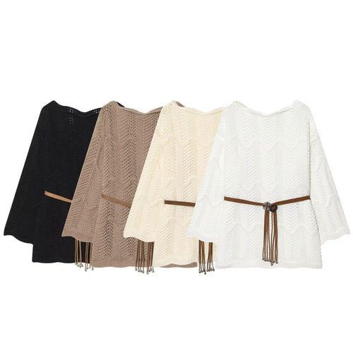 Damen Gestricktes Poncho-Cape mit Ajourmuster und Lederquasten-Gürtel Drune
