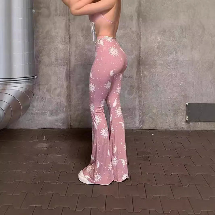 Damen Bootcut-Hose mit künstlerischem Mond- und Sonnen-Design Drune