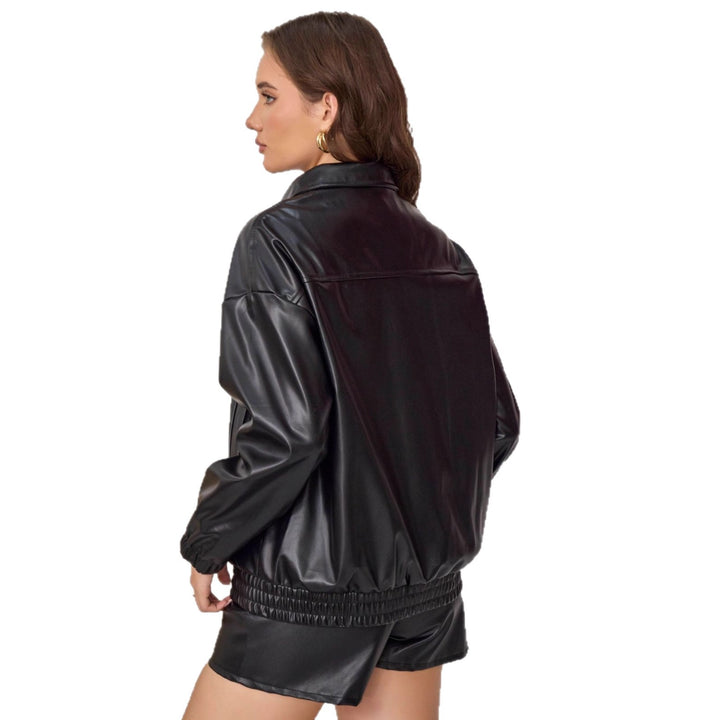 Damen Kurze Oversize Kunstlederjacke mit Reverskragen und Ballonärmeln Drune