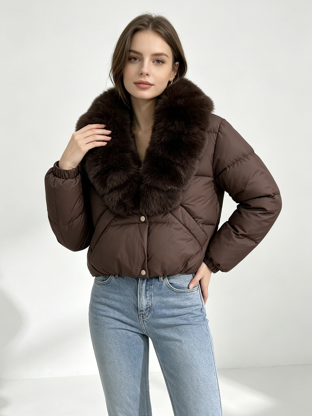 Damen nan kurze wattierte Cropped-Jacke mit extra voluminösem Kunstpelz-Schalkragen und elastischen Bündchen Drune