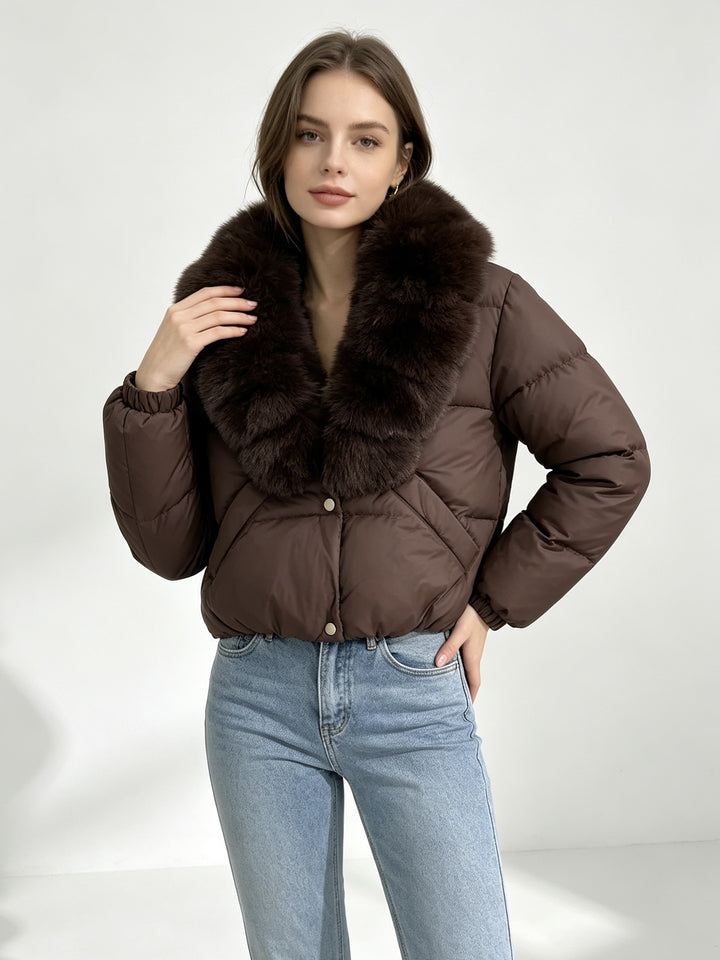 Damen nan kurze wattierte Cropped-Jacke mit extra voluminösem Kunstpelz-Schalkragen und elastischen Bündchen Drune