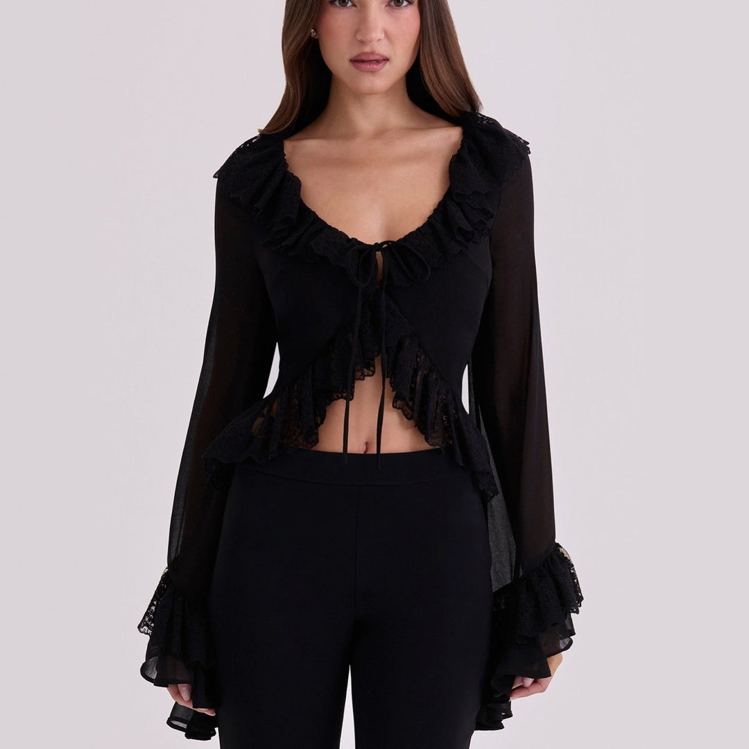 Damen Chiffon-Bluse mit Spitzenbesatz Drune