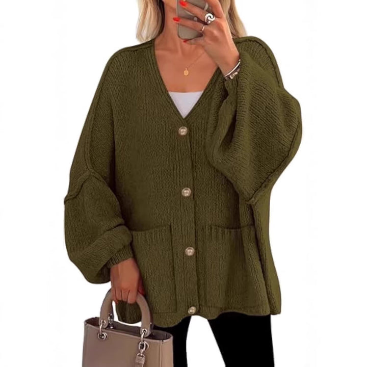 Damen Oversize Strickcardigan mit V-Ausschnitt, goldenen Zierknöpfen und aufgesetzten Taschen Drune