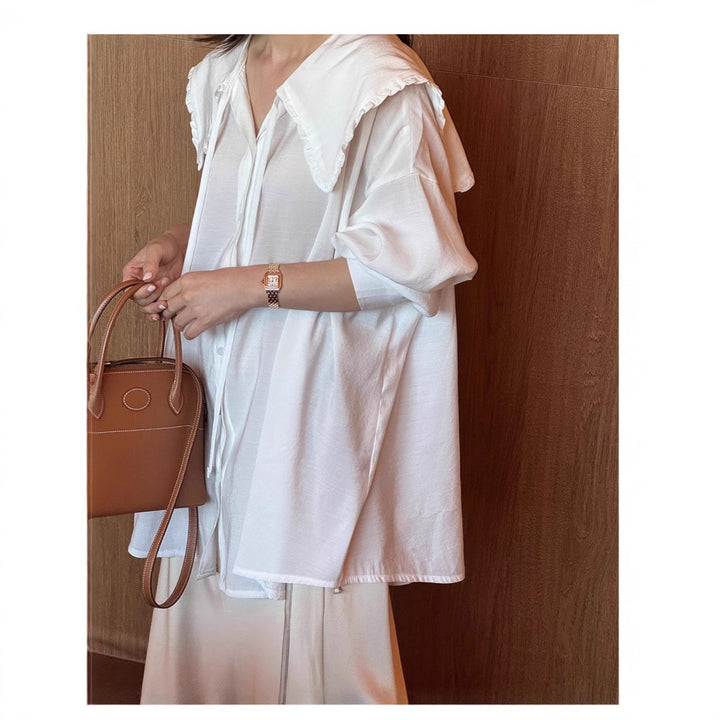 Damen Oversize-Hemdbluse mit großem Rüschenkragen und Krempelärmeln Drune