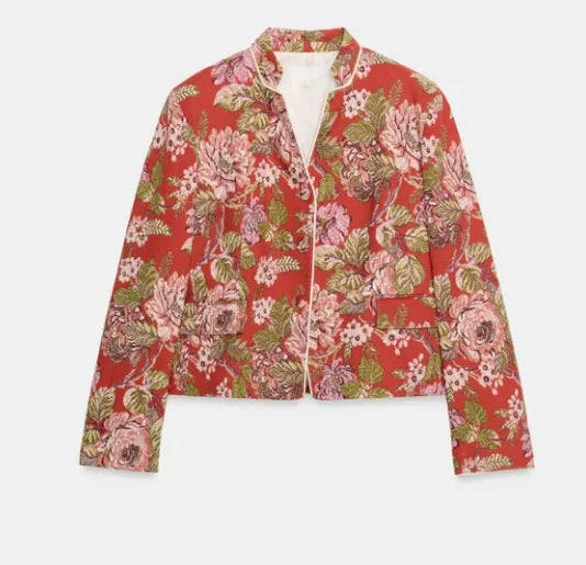 Damen Cropped Jacquard‑Blouson mit Mandarinkragen und floraler Brokatstruktur Drune