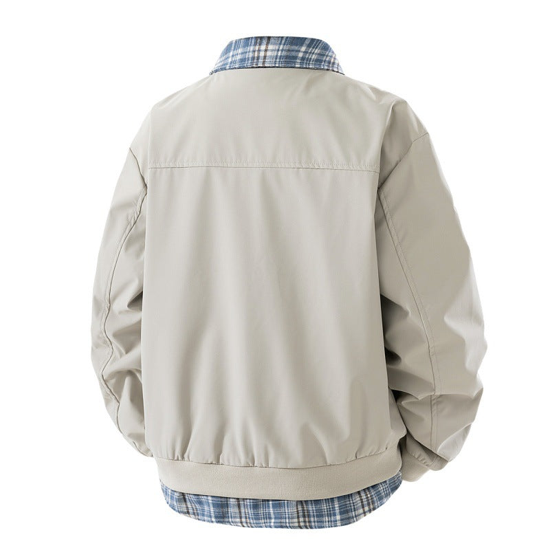 Herren windabweisende Overshirt-Jacke mit karierter Innenlage, Reißverschluss und Druckknopftaschen Drune
