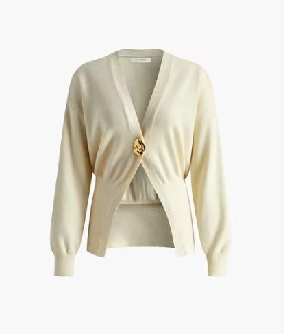 Damen 500+ Cropped‑Cardigan mit Taillenraffung, tiefem V‑Ausschnitt und großem Zierknopf Drune