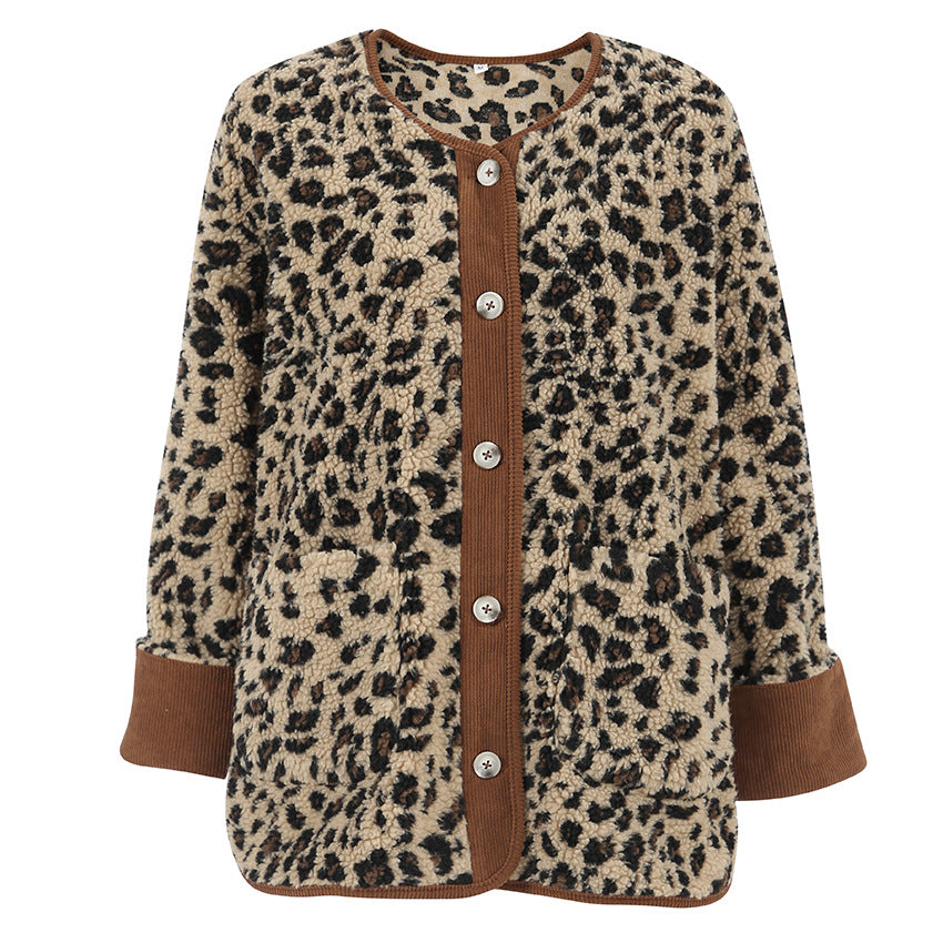 Damen Kuschelweiche Leopardmuster Jacke mit Knopfverschluss und hohem Kragen Drune