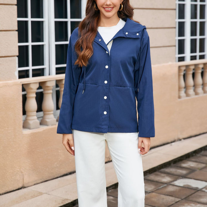 Damen Wasserabweisende Kapuzenjacke mit Druckknopf-Front, Tunnelzug und Eingrifftaschen Drune