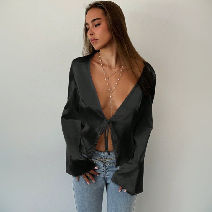 Damen elegante Bluse mit tiefem V-Ausschnitt und lässigem Knoten-Detail Drune