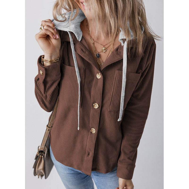 Damen lässige Hemdjacket mit Kapuze und seitlichen Taschen Drune