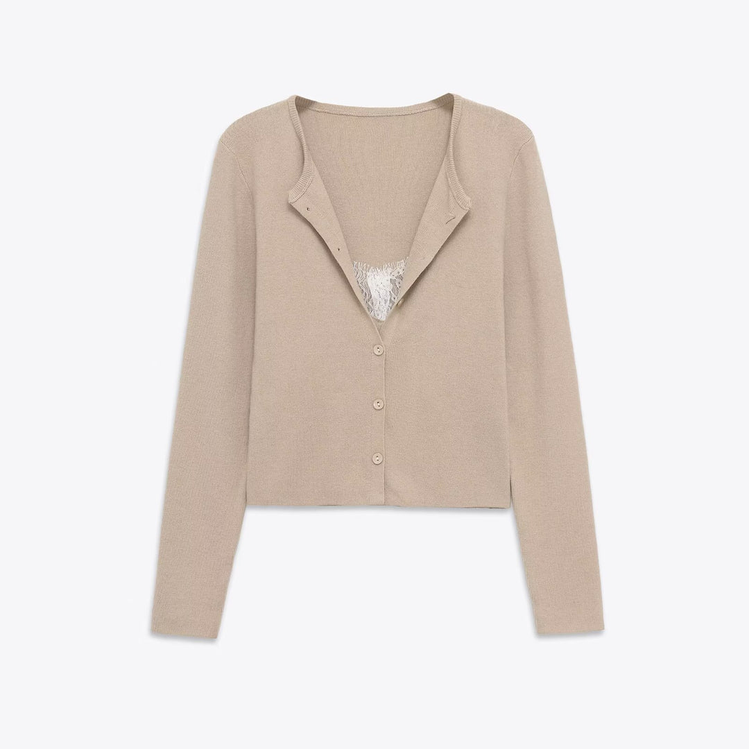 Damen 40+ feiner Strickcardigan mit integriertem Spitzen‑Cami Drune