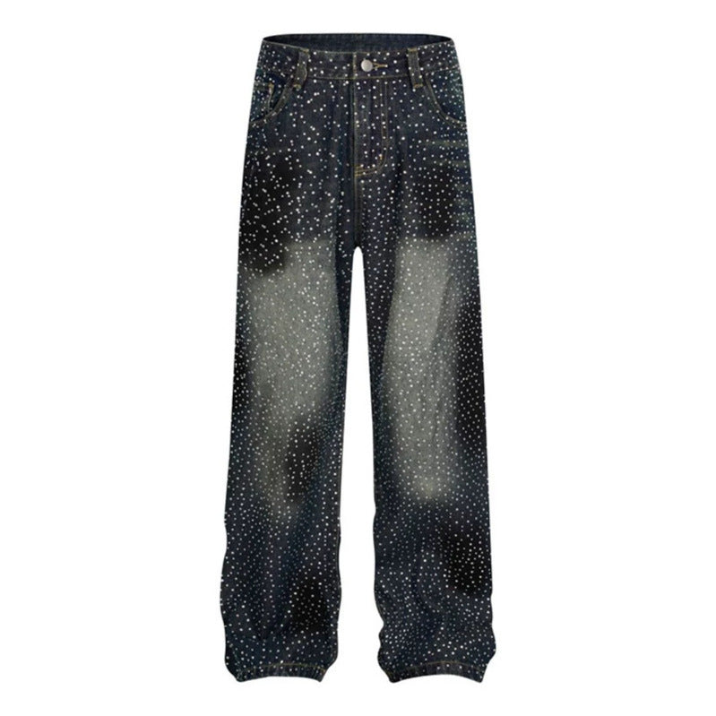 Damen Weite High‑Waist Denim‑Palazzo‑Jeans mit Allover‑Strass und Gummizugsaum Drune