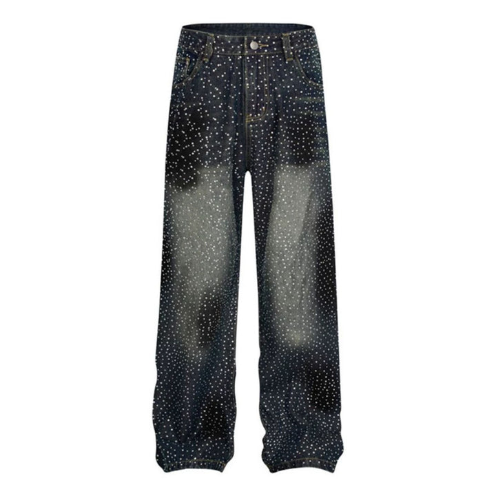 Damen Weite High‑Waist Denim‑Palazzo‑Jeans mit Allover‑Strass und Gummizugsaum Drune