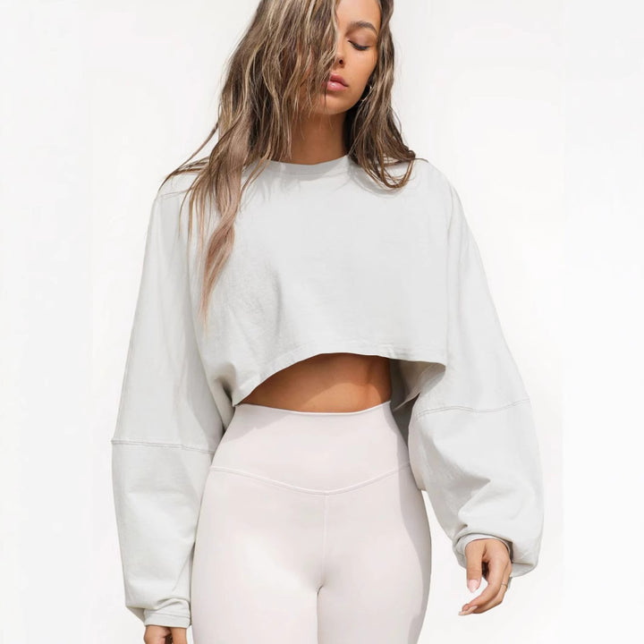 Damen lässiges Cropped Sweatshirt mit weitem Schnitt und Ballonärmeln Drune