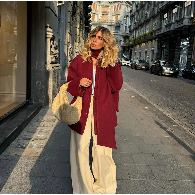 Damen Elegante Oversize-Jacke mit hohem Kragen und Taschen Drune