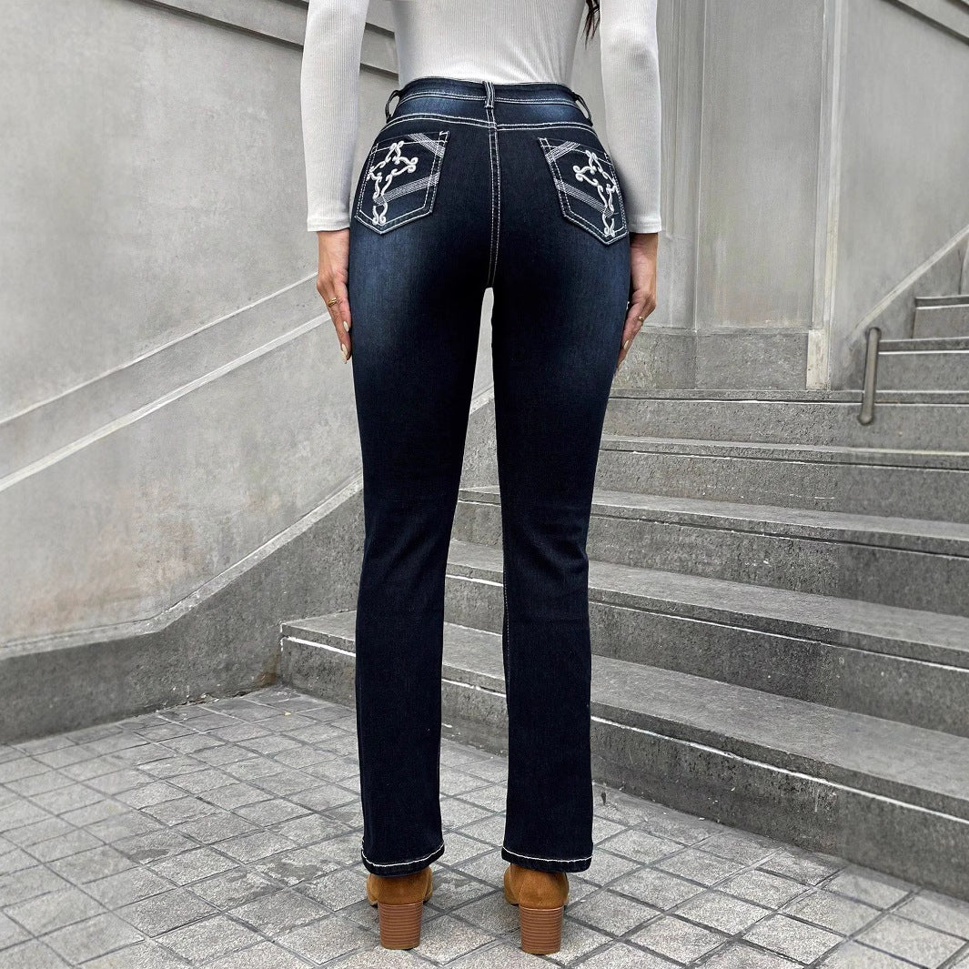 Damen Hochgeschnittene schmal geschnittene Straight-Jeans mit Kontrastnähten und leichtem Schlag Drune