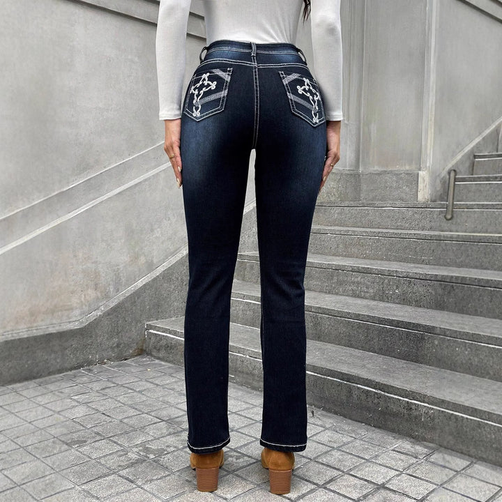 Damen Hochgeschnittene schmal geschnittene Straight-Jeans mit Kontrastnähten und leichtem Schlag Drune
