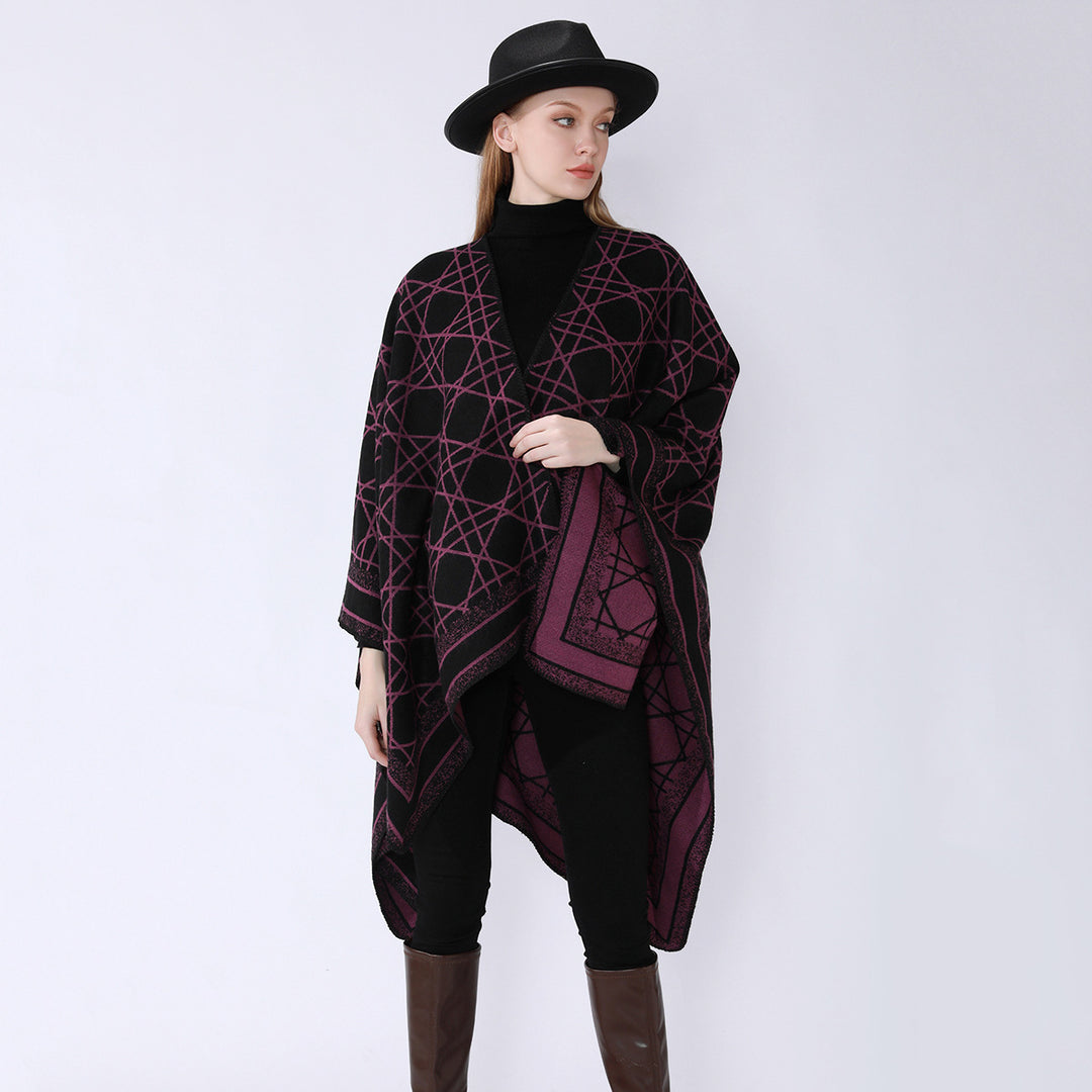 Damen Wendbarer Jacquard-Capeponcho mit geometrischem Allovermuster und offenem Kimono-Fall Drune