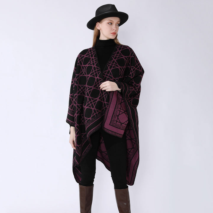 Damen Wendbarer Jacquard-Capeponcho mit geometrischem Allovermuster und offenem Kimono-Fall Drune