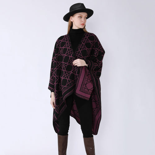 Damen Wendbarer Jacquard-Capeponcho mit geometrischem Allovermuster und offenem Kimono-Fall Drune
