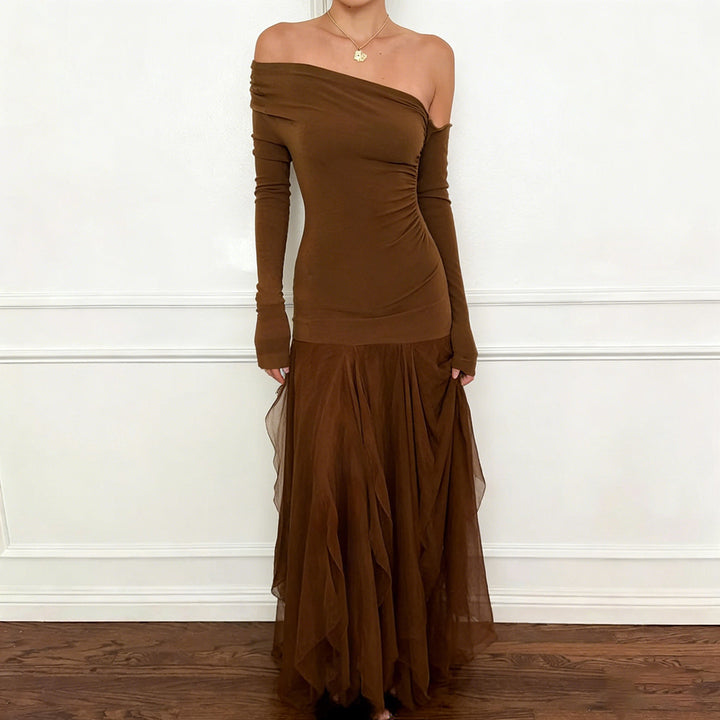 Damen Ein-Schulter-Abendkleid mit taillierter Stretch-Silhouette und mehrlagigem Tüll-Mermaidrock Drune