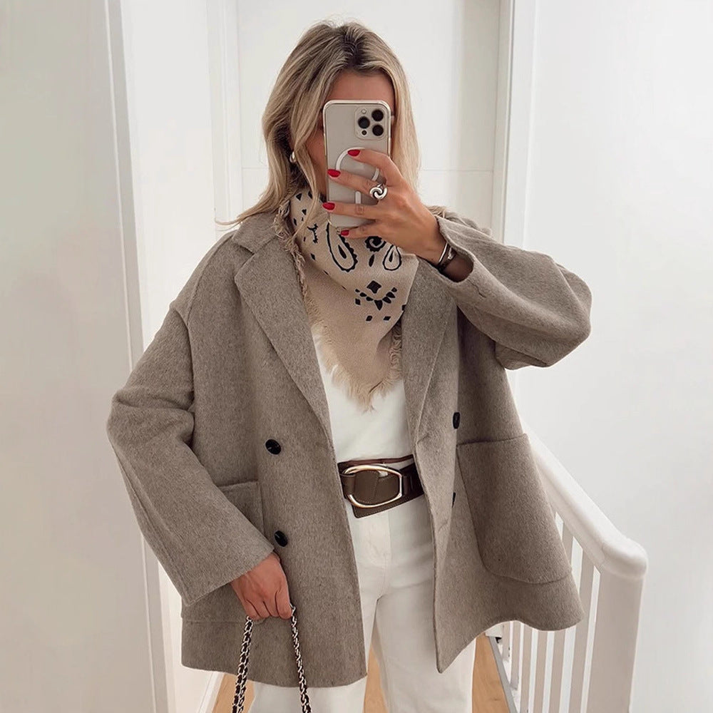 Damen Boxy-Wollmix-Cocoon-Jacke mit doppelreihiger Knopfleiste und weitem Revers Drune